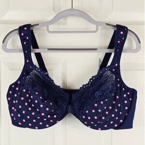 Glamorise Navy Blue Pink Poka Dots Underwire Front Closure Women's Bra 44B